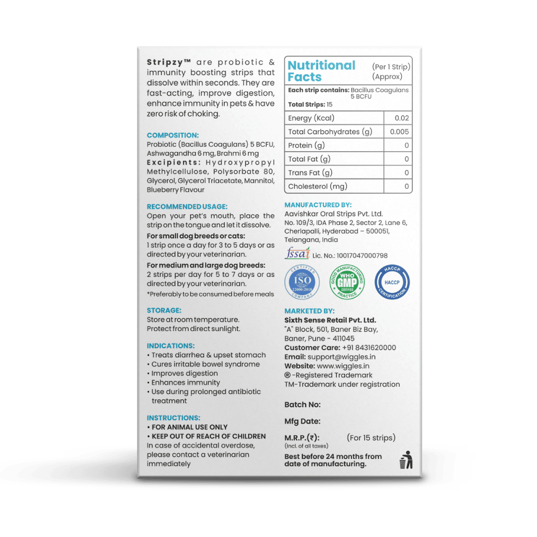 Stripzy Immunity Booster Probiotics Dogs Cats Pet, Ashwagandha Brahmi Health Strips (Blue Berry)