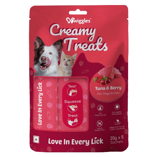 Wiggles Creamy Treats for Dogs & Cats, 20g x 5 - Wet Lickable Training Treats Adult, Puppies, Kitten (Tuna & Berry) - Wiggles.in