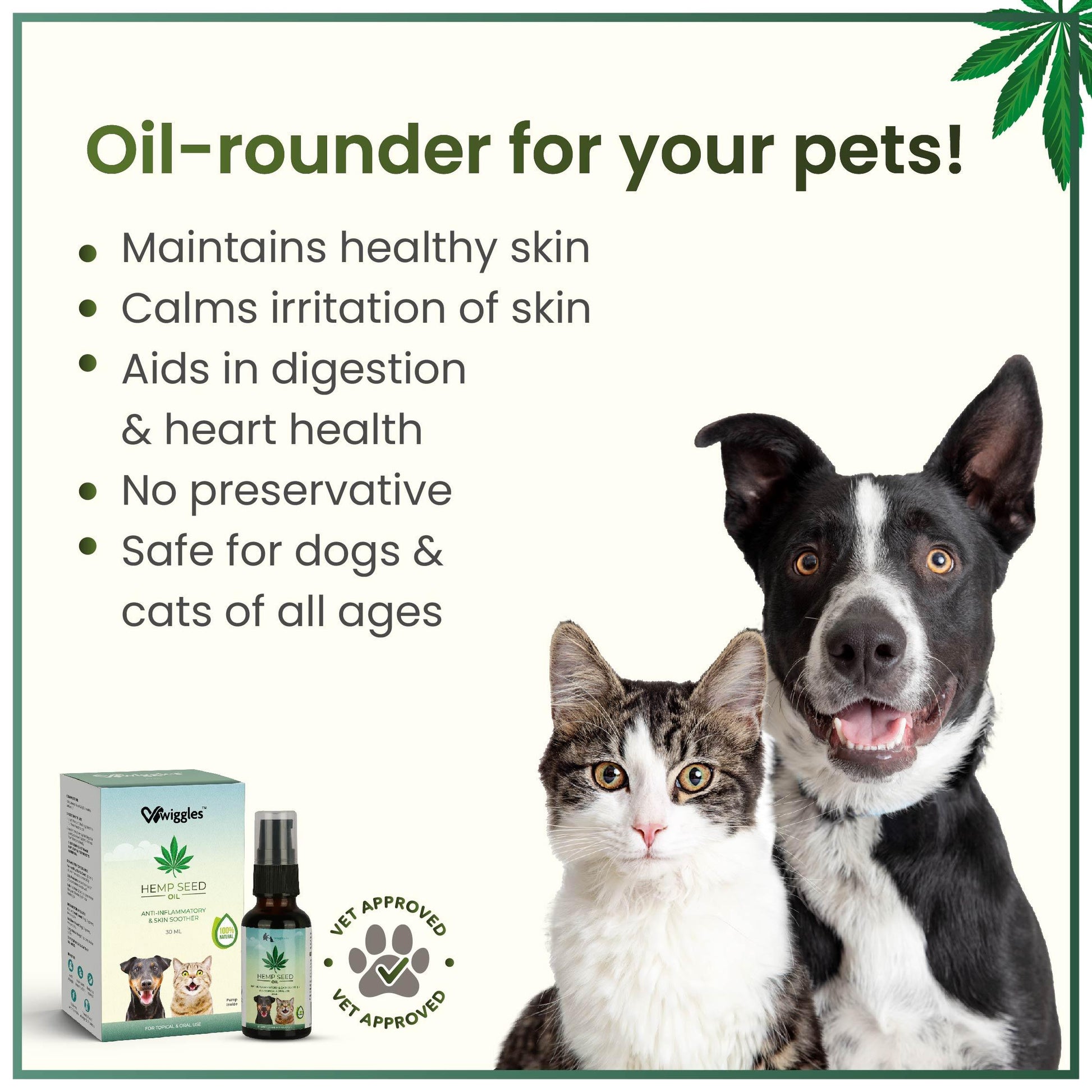 Hemp Seed Oil, Anti-inflammatory and Skin Soother for Dogs & Cats, 30ml - Wiggles.in