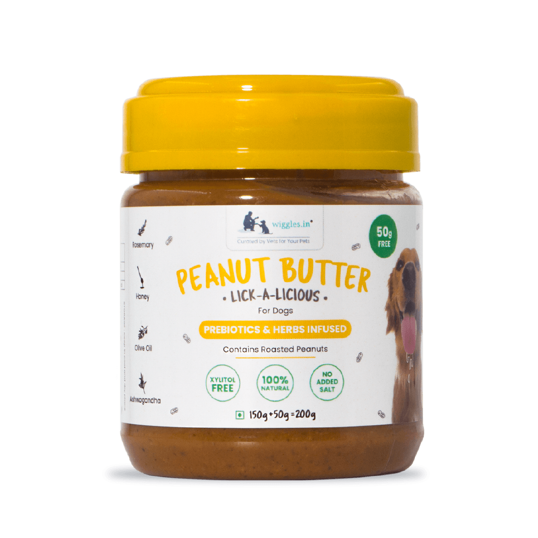 WIGGLES Dog Peanut Butter - Honey, Olive Oil, Ashwagandha, Flaxseed Extract, 200g - Wiggles.in