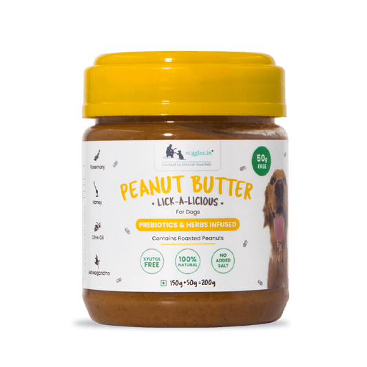 WIGGLES Dog Peanut Butter - Honey, Olive Oil, Ashwagandha, Flaxseed Extract, 200g - Wiggles.in