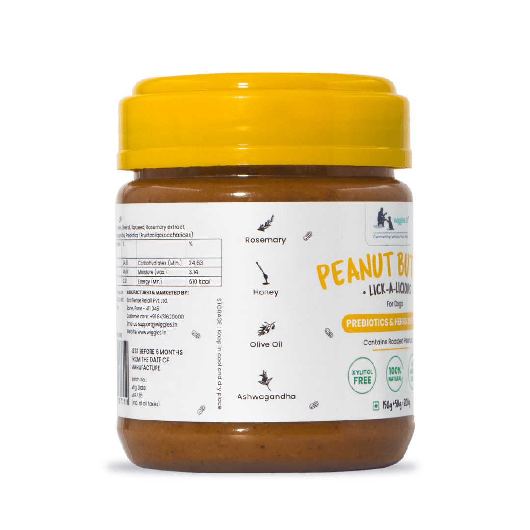 WIGGLES Dog Peanut Butter - Honey, Olive Oil, Ashwagandha, Flaxseed Extract, 200g - Wiggles.in