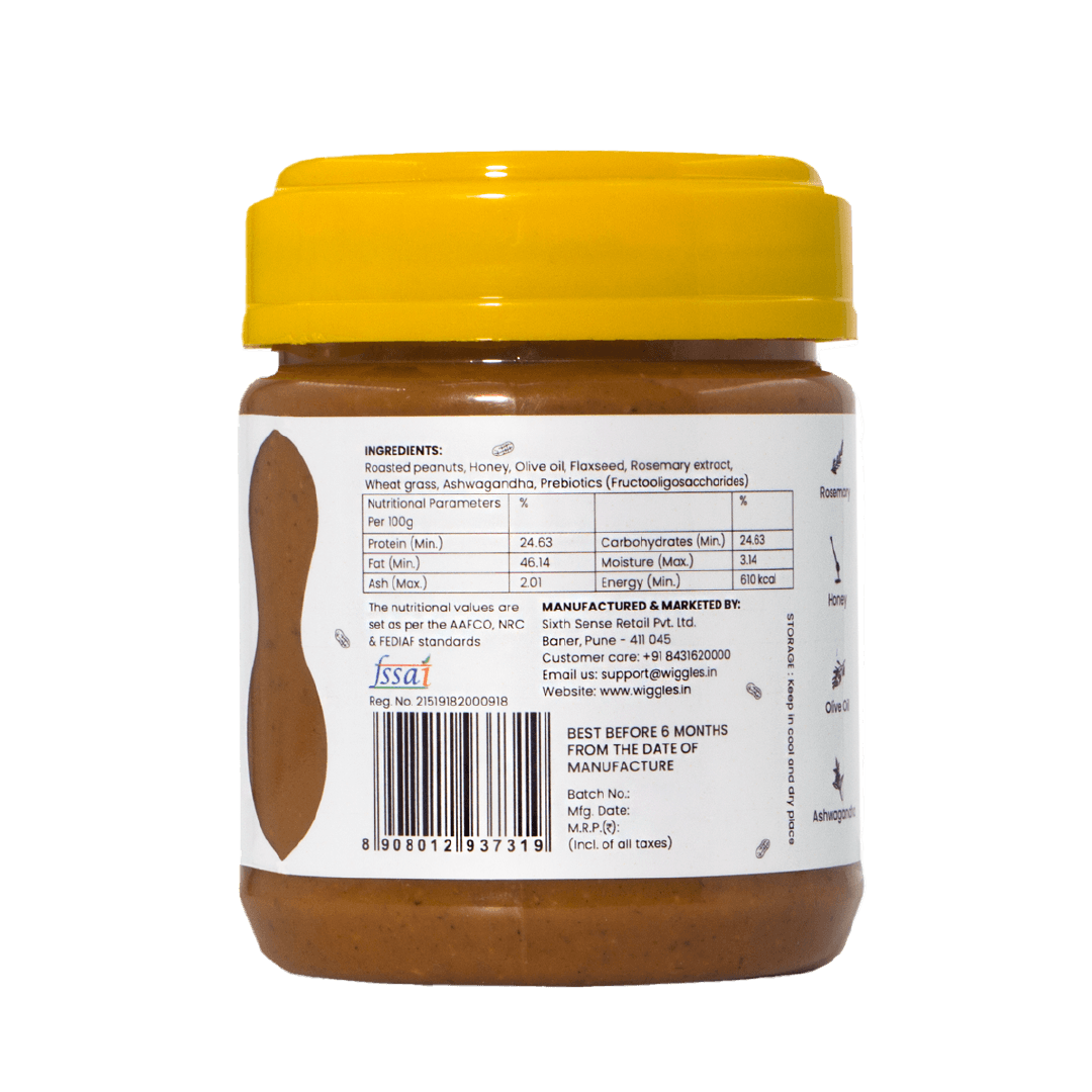 WIGGLES Dog Peanut Butter - Honey, Olive Oil, Ashwagandha, Flaxseed Extract, 200g - Wiggles.in