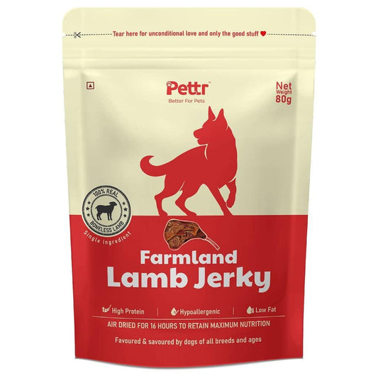 Pettr Farmland Meat Lamb Jerky for Dogs Puppy, 80g - Boneless Lamb, Turmeric & Rosemary Extract - Wiggles.in