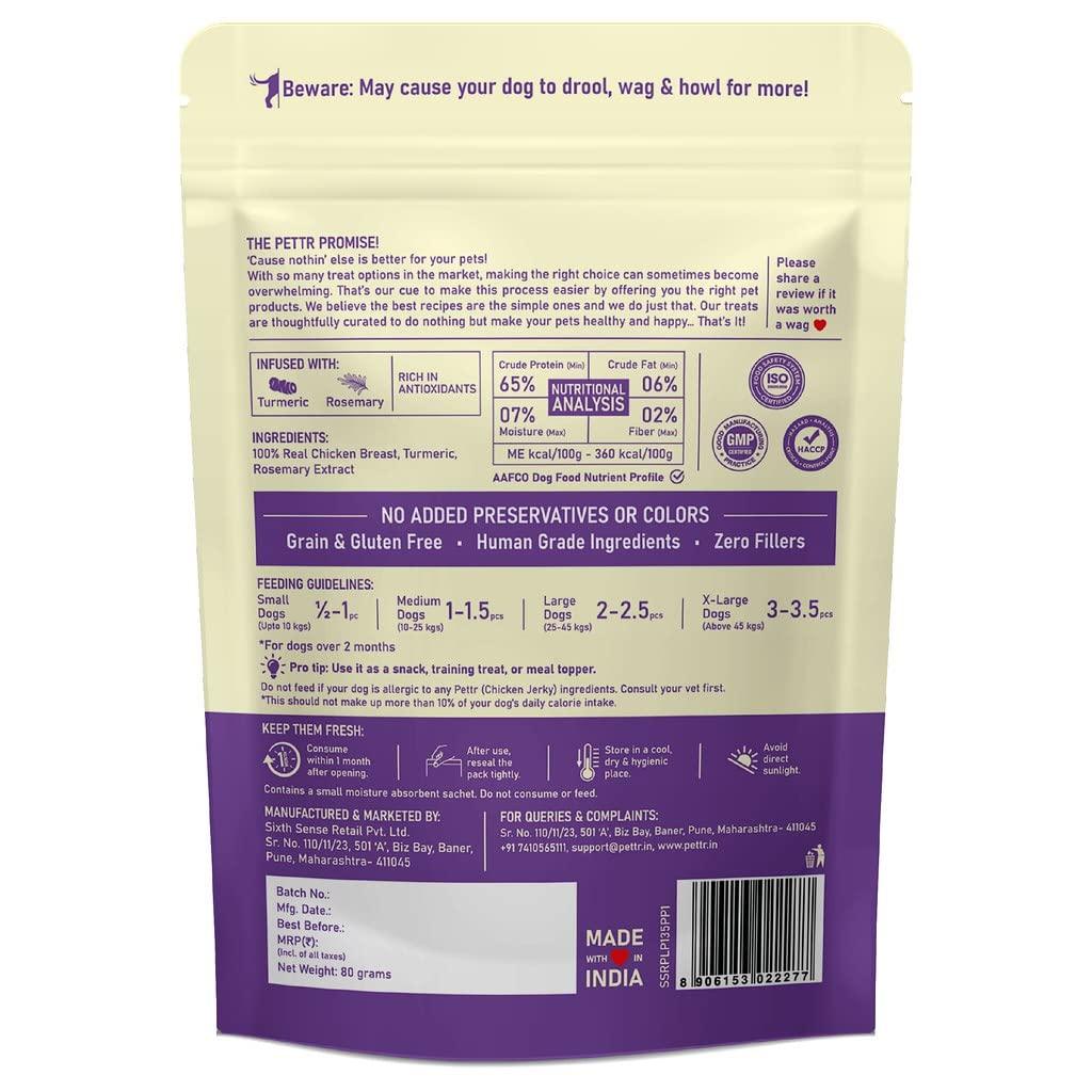 Pettr Farmland Meat Chicken Jerky for Dogs Puppy, 80g - Chicken Breast, Turmeric & Rosemary Extract - Wiggles.in