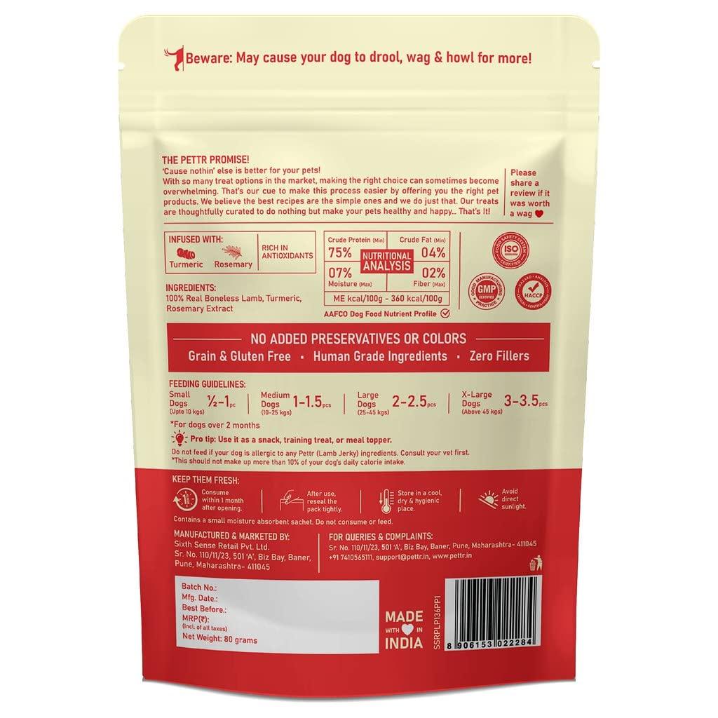 Pettr Farmland Meat Lamb Jerky for Dogs Puppy, 80g - Boneless Lamb, Turmeric & Rosemary Extract