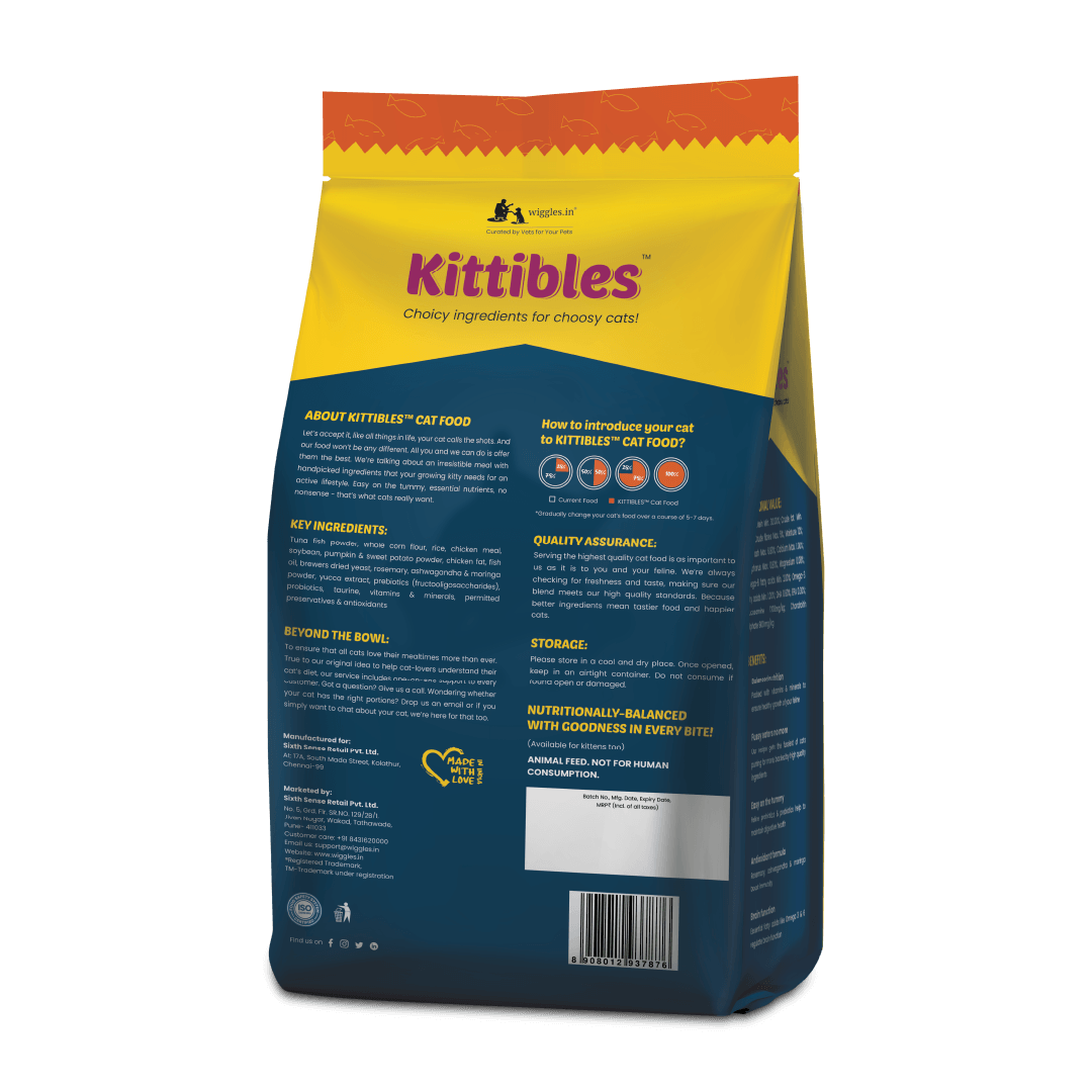 Kittibles Adult Dry Cat Food - Chicken, Tuna Fish, Ashwagandha, Rosemary Extract - Wiggles.in