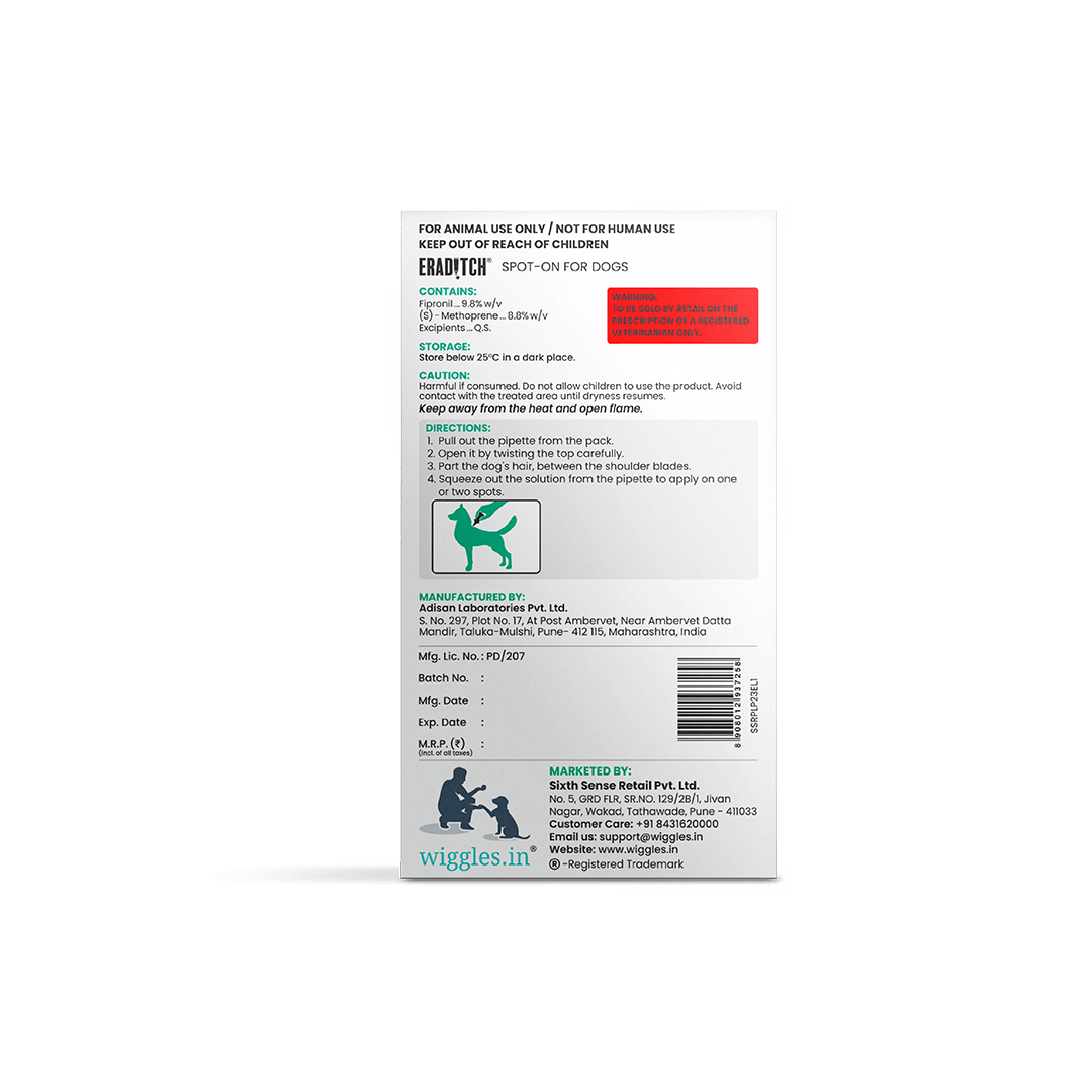 Eraditch Spot on for Dogs Upto 10 KG (0.67 ml) - Fleas Ticks Remover, external liquid - Wiggles.in