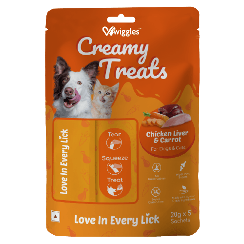 Wiggles Creamy Treats for Dogs & Cats, 20g x 5 - Wet Lickable Training Treats Adult Puppies, Kitten (Chicken Liver & Carrot) - Wiggles.in